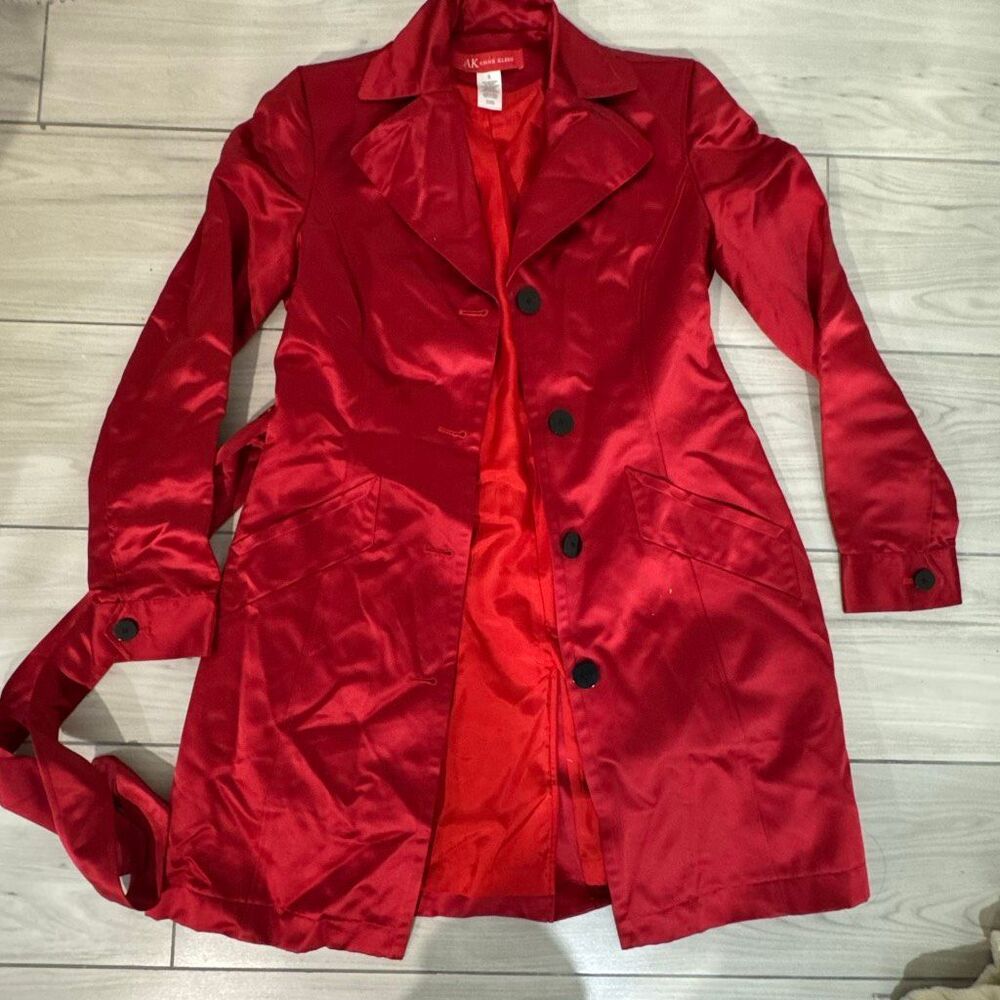 Anne Klein red silk trench coat size small‎   100% silk